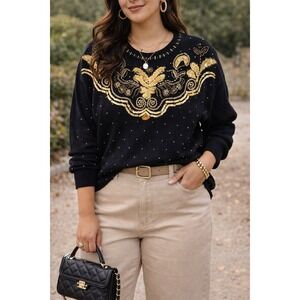 Vtg Victoria Harbour Black Gold Beaded Sequin Embellished Sweater Women's Medium